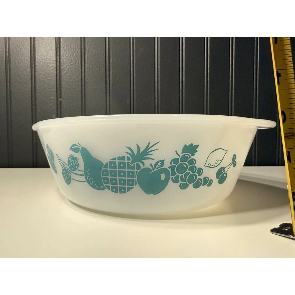 vintage Glasbake milk glass casserole dish a turquoise blue fruit and vegetable